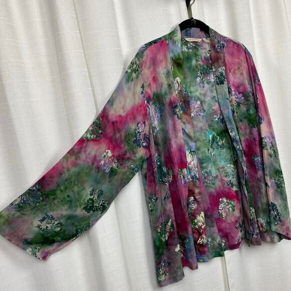Soft Surroundings Green&Purple Tie Dye Floral Open Front Cardigan Kimono Sz.XL - Picture 6 of 12